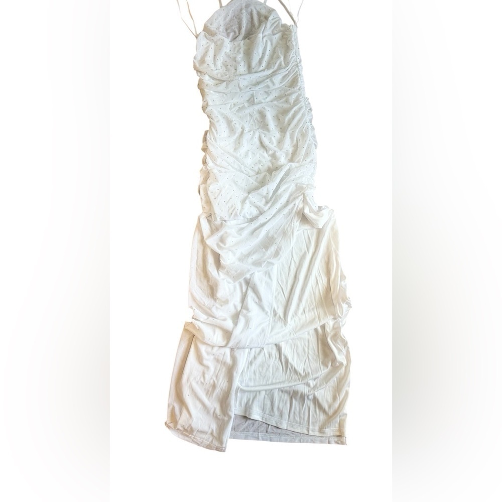 Windsor White Ruched Bodycon Midi Dress Side Slit Rhinestone Size L